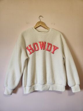 HOWDY Beige Sherpa Pink Patched Pullover Teddy Sweatshirt Gold Sequins Size S
